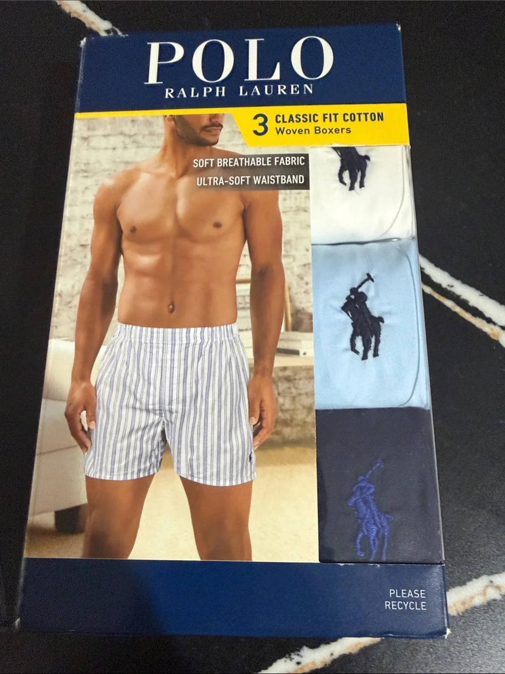 Polo by Ralph Lauren 3-Pack Woven Boxers in Navy, Light Blue and White